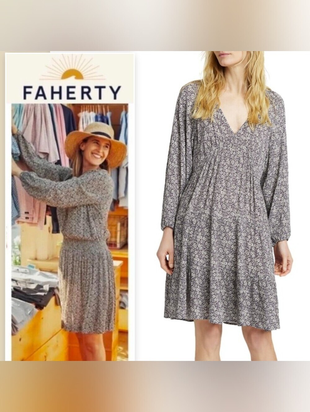 Faherty Sirene Midi Dress Navy Ditsy Floral Print Tiered Flowy Pockets Women's S